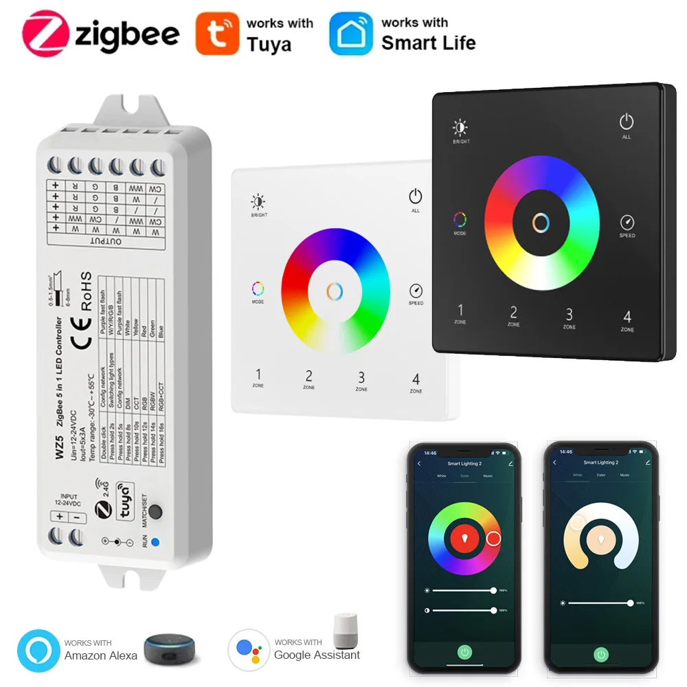 

WZ5 Tuya Zigbee LED Controller 12V 24V DC 5 in 1 RGBCCT Dimmer 6PIN RGBCW LED Strip Light 2.4G RF Touch Panel Switch for Alexa