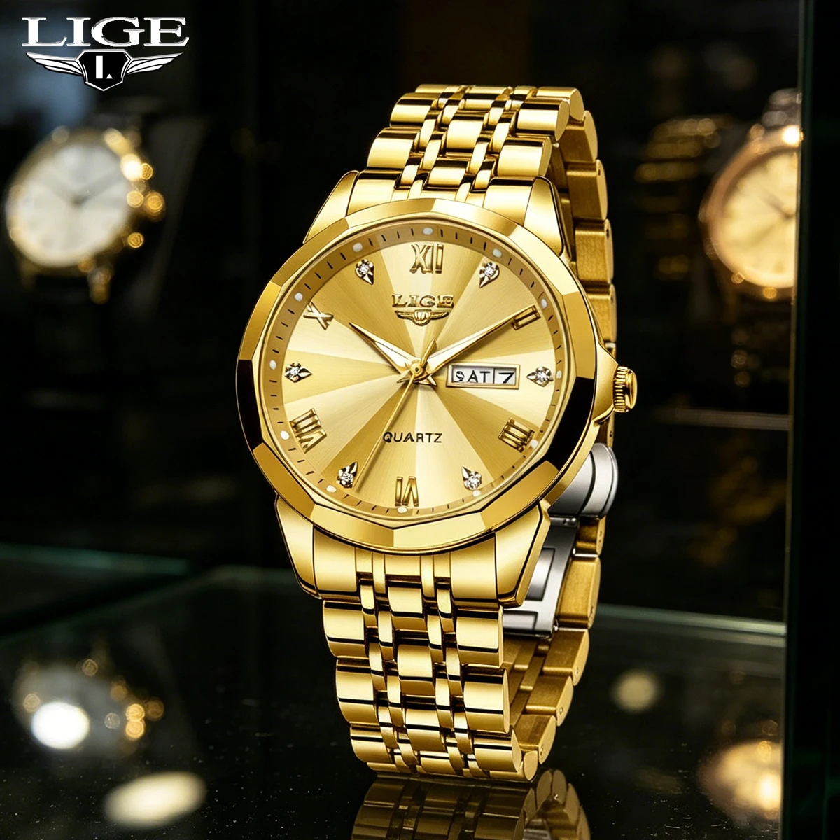 

LIGE Men's Watches Rhombus Mirror Original Quartz Watch for Luminous Stainless Steel Wristwatch Male Date Week