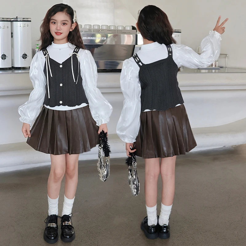 

conjunto infantil pra menina design teen girls clothes set vest+puff sleeve tops+PU Pleated skirt 2/3pcs kids suit child outfits