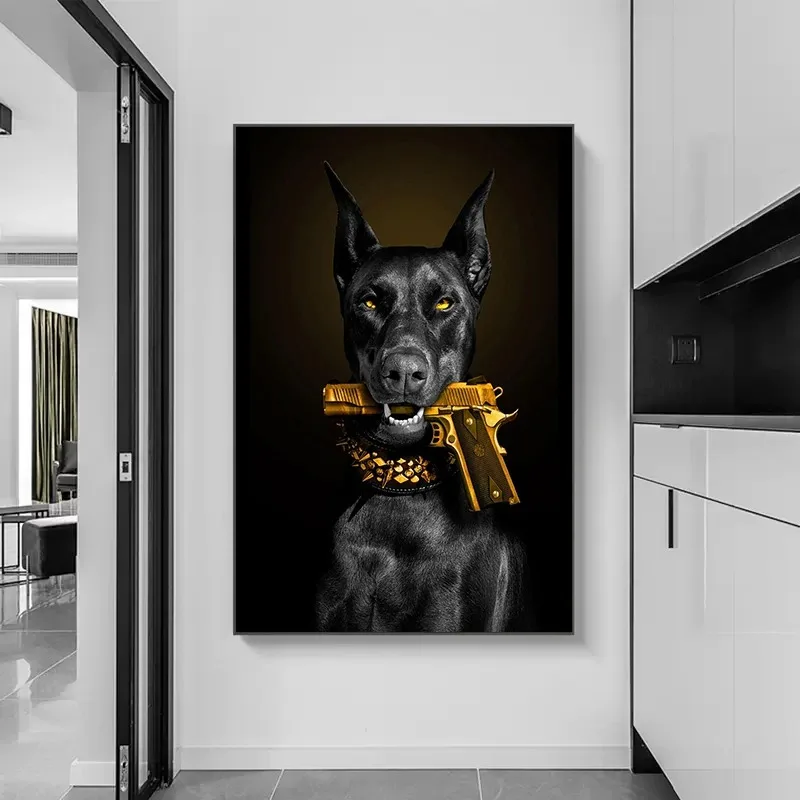 Modern Fashion Black Animal Doberman Dog Lion With A Pistol Wall Art Poster Canvas Painting for Room Office School Decoration