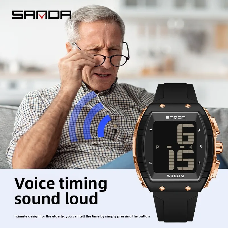 

SANDA Elderly Watch Large Font Night Light Clear, Easy to Read, Comfortable to Wear Waterproof Voice Alarm Clock Calendar