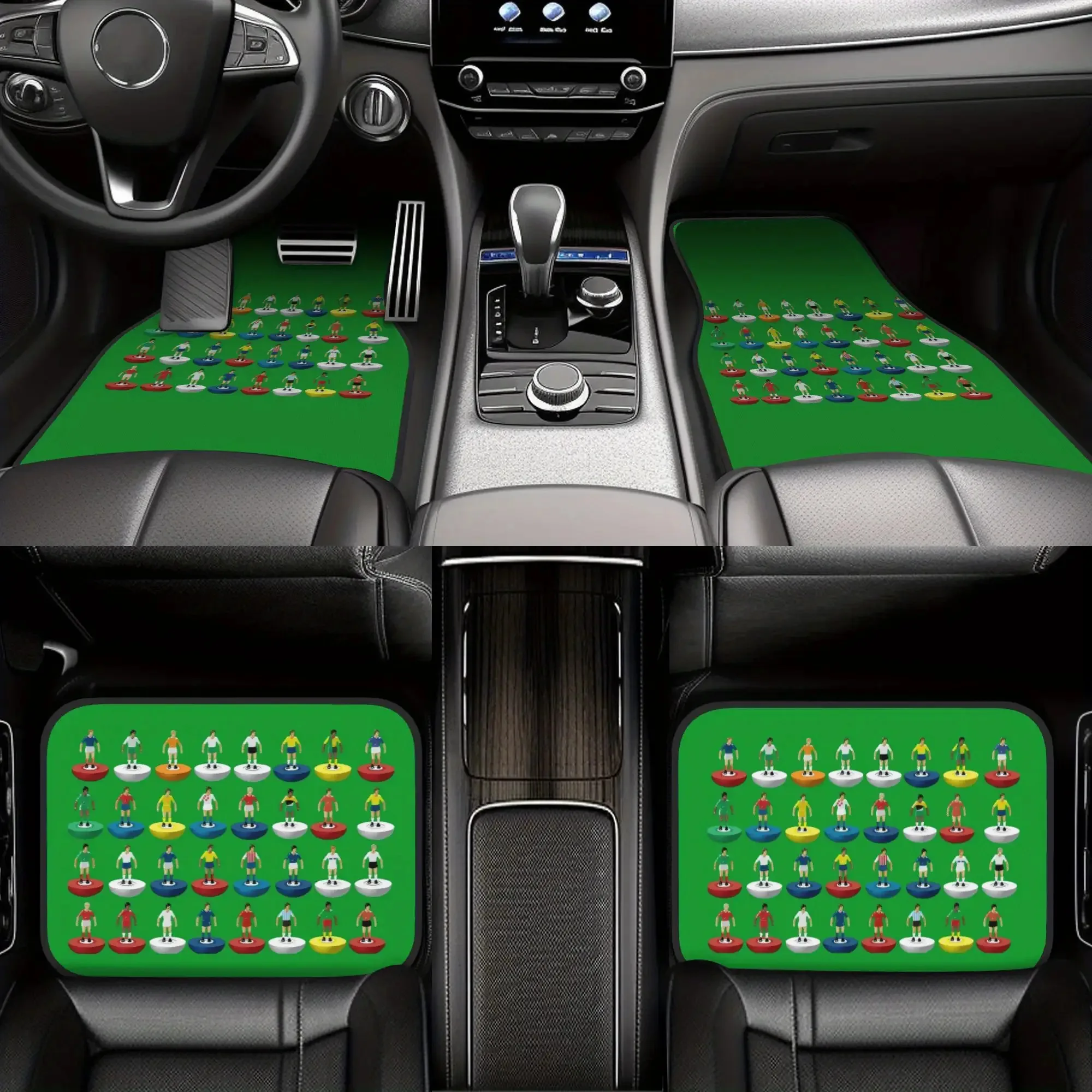 4pcs World Subbuteo Players Car Floor Mats - Durable Polyester Fiber, Fit For Cars, Playful Design With Soccer Players & Stadium