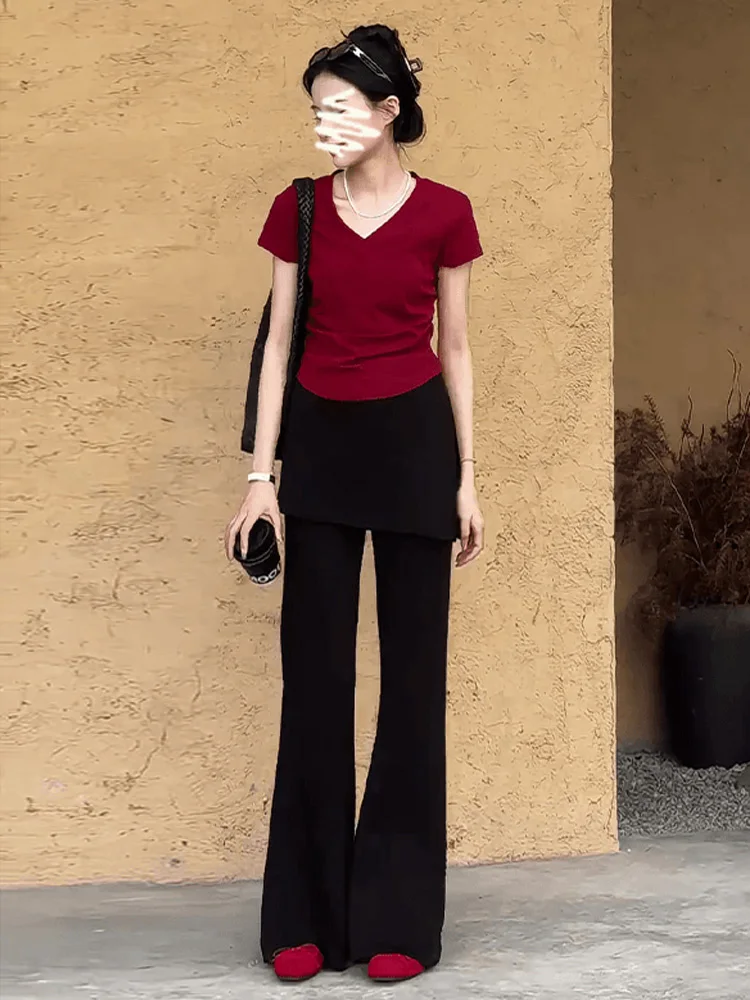 

Summer Hit Korean Style Casual Sportswear Set Women's Elegantly V-Neck Red Short Sleeve T-Shirt Black Flared Pants Two-Piece Set