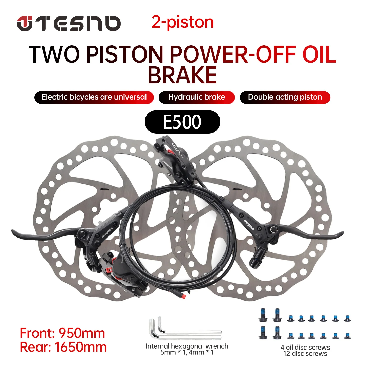 Velec E-Bike Hydraulisches Scheibenbremsen-Set 2-Kolben mit Abschaltfunktion für Elektrofahrräder, Roller, MTB - Vorder- und Hinterradbremsen mit Ölleitung 950mm