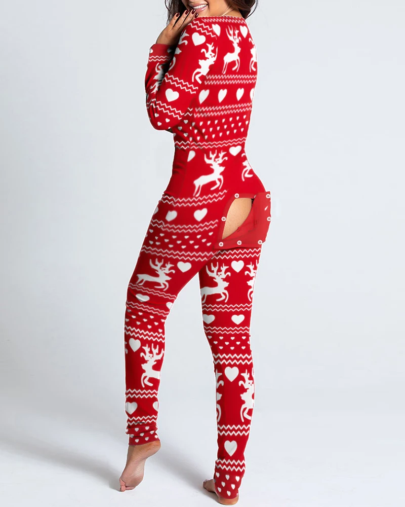 Christmas Printed Sexy Women's Pajamas Jumpsuit 2023 Fashion Casual Button Front Bottom Rear Hip Opening Flip Jumpsuits