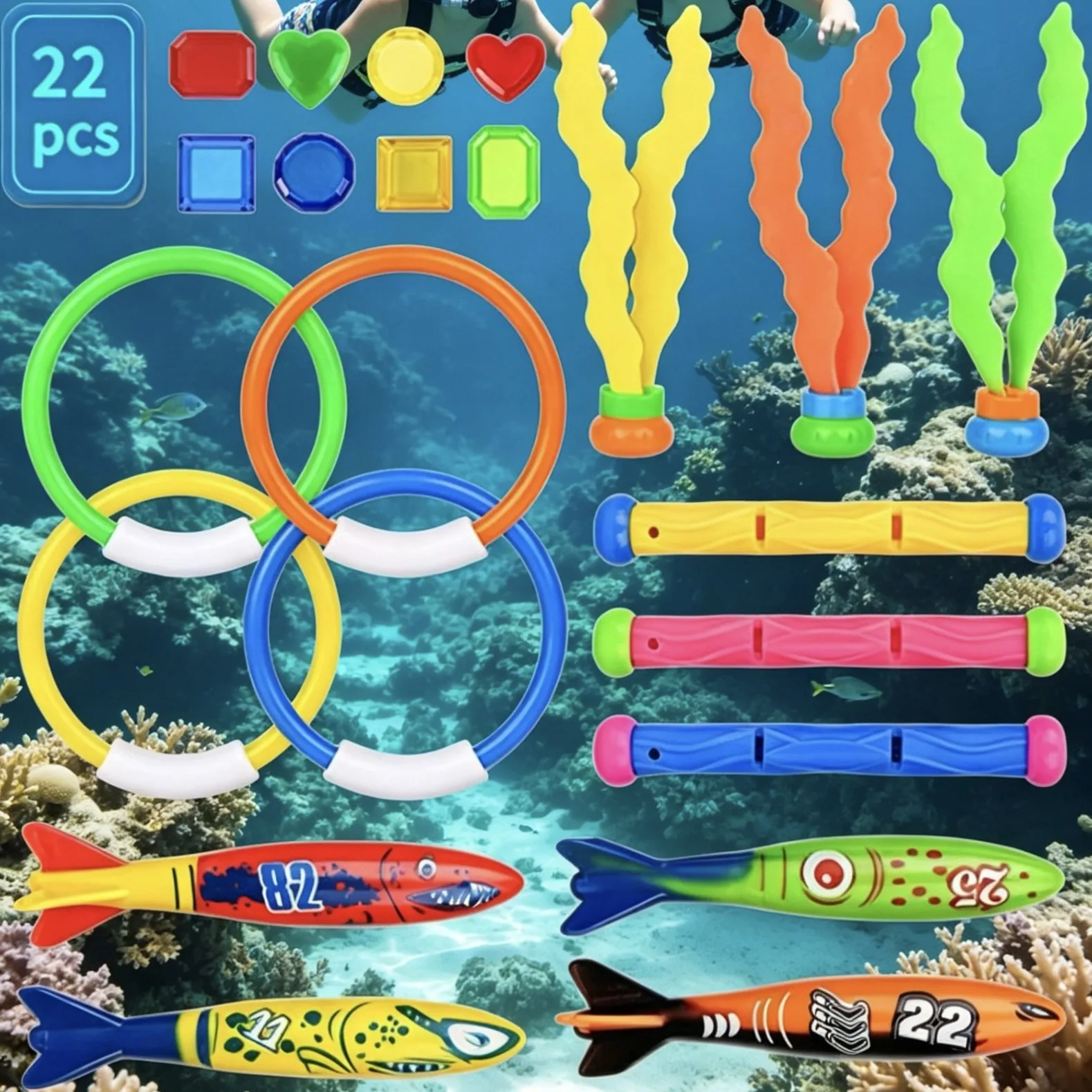 

Summer Swimming Pool Diving Toys 22pcs Torpedo Water Toy Set Diving Seaweed