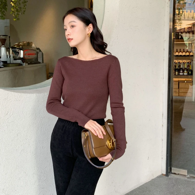 Women Soft Basic Stretch Slim Fit  Long Sleevle Knit Top 2024 Autumn Cozy Outfit 90s Fahion Old Money Style