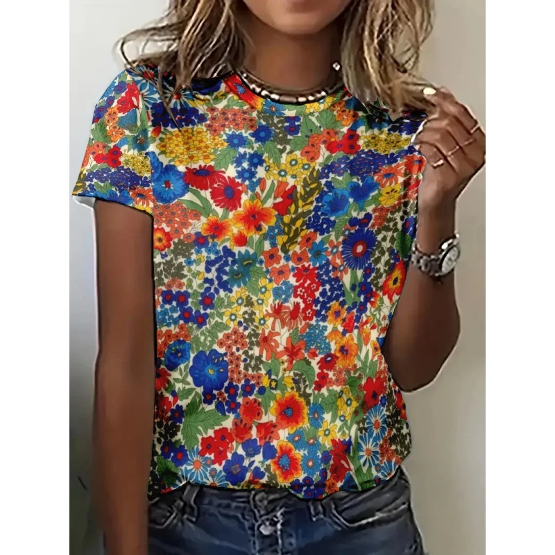 متعة النباتات نمط تي شيرت للنساء الزهور الملونة ثلاثية الأبعاد مطبوعة قصيرة الأكمام تيز الصيف عادية فضفاض تي شيرت بلوزات مستديرة العنق