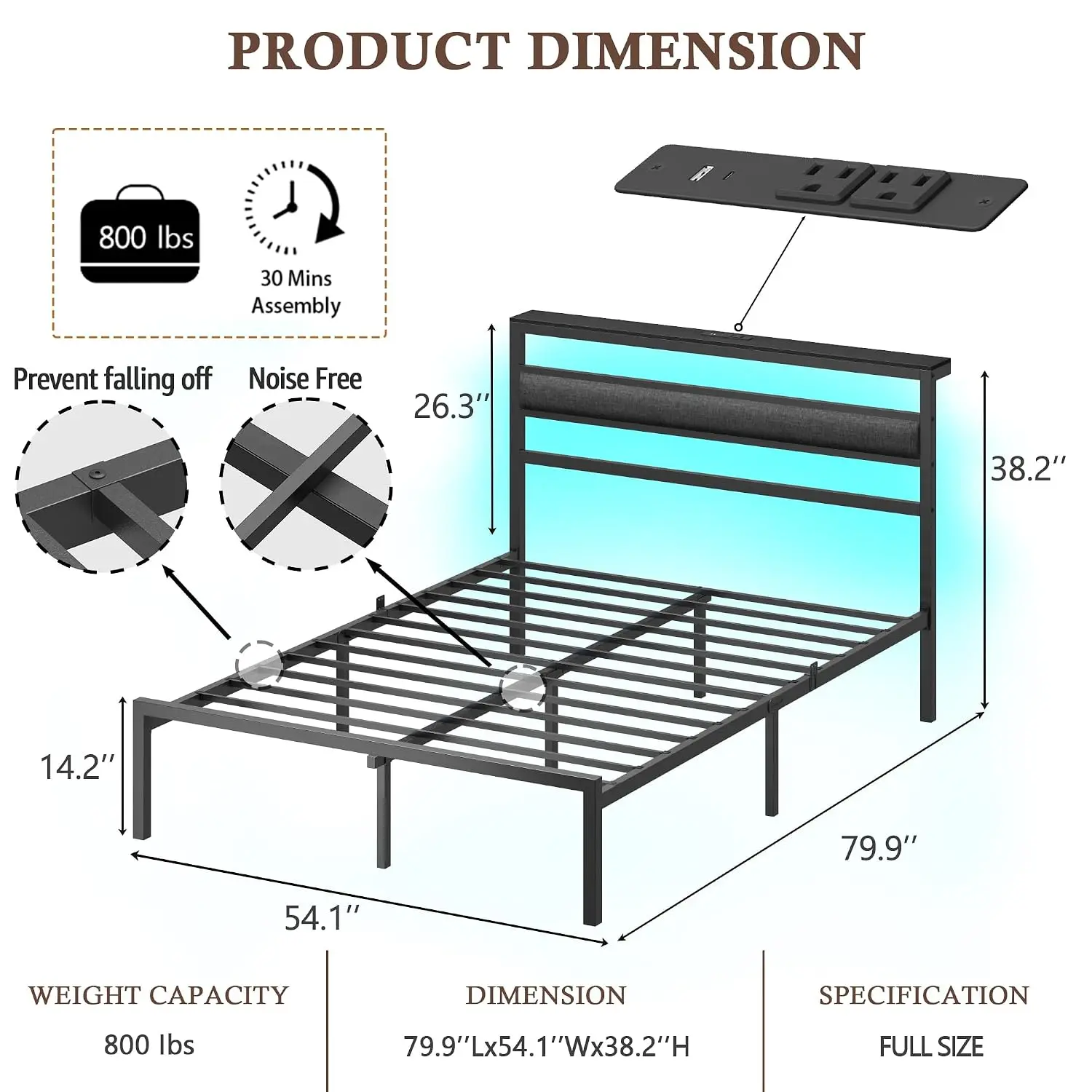 Full Size Upholstered Bed Frame with RGB LED Lights, Dark Gray, Charging Hub, Headboard Shelf, Under Bed Storage, No Box Spring