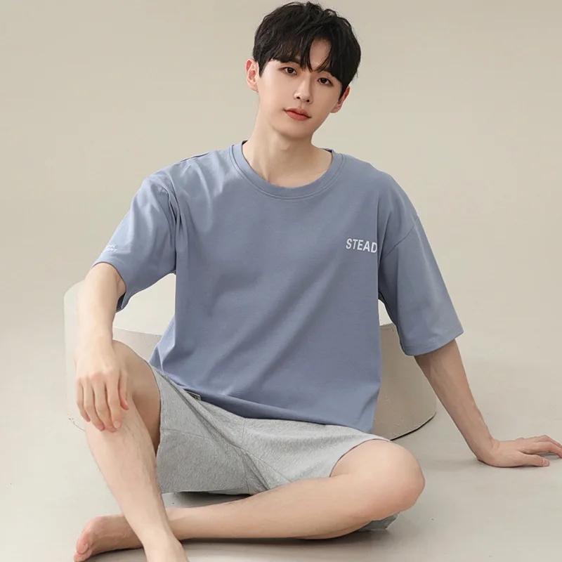 

Summer Modal Pajamas Set Solid Simple Loose-fit Home Clothes For Men Short Sleeve Bedwear Big Size L-4XL Nightwear Young Boy Pjs