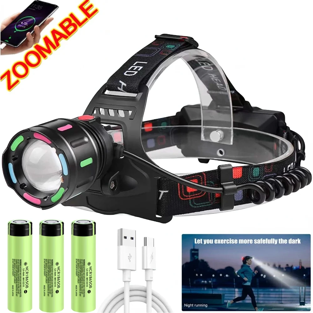 

Мощный светодиодный налобный фонарь 30 Вт 3*18650, USB перезаряжаемый налобный фонарик, уличный водонепроницаемый зум, фонарь для кемпинга и рыбалки