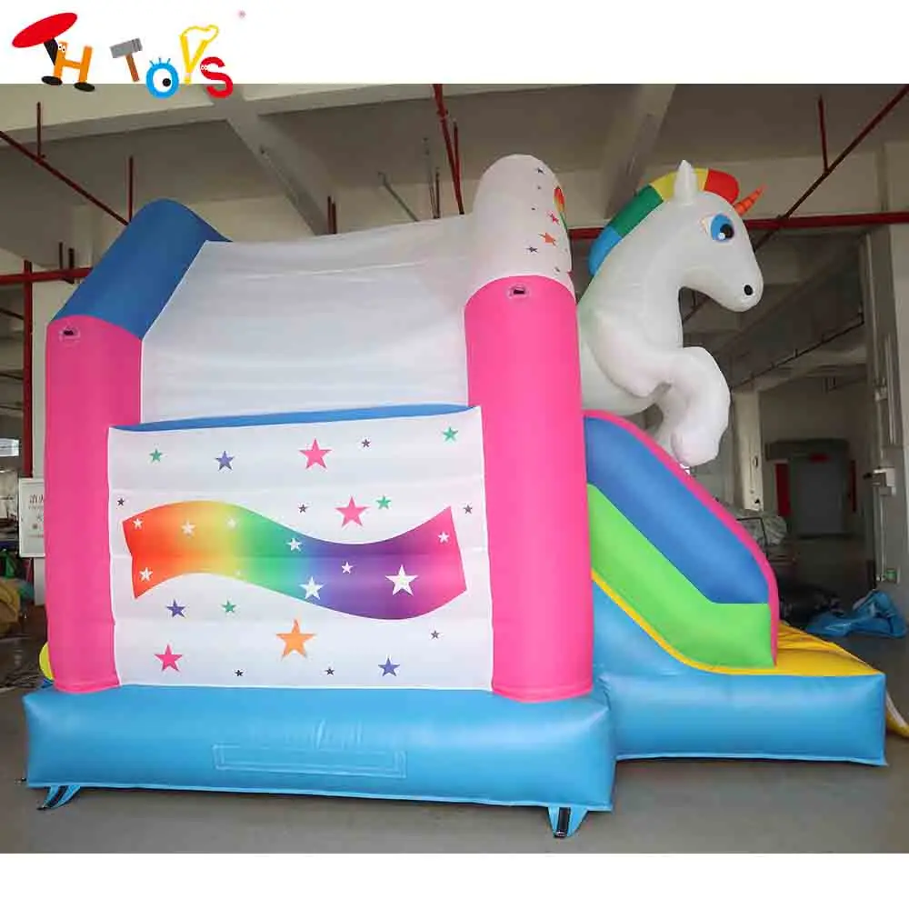 Snelle verzending 4,5x4m opblaasbare glijbaan uitsmijter paard cartoon mooie lucht springkasteel combo met luchtblazer