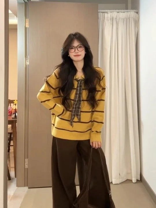 

Retro Yellow Striped Ne Knitted Sweater Women's Loose Slim Long Sve Top Trendy Autumn New Sle Girls Faion