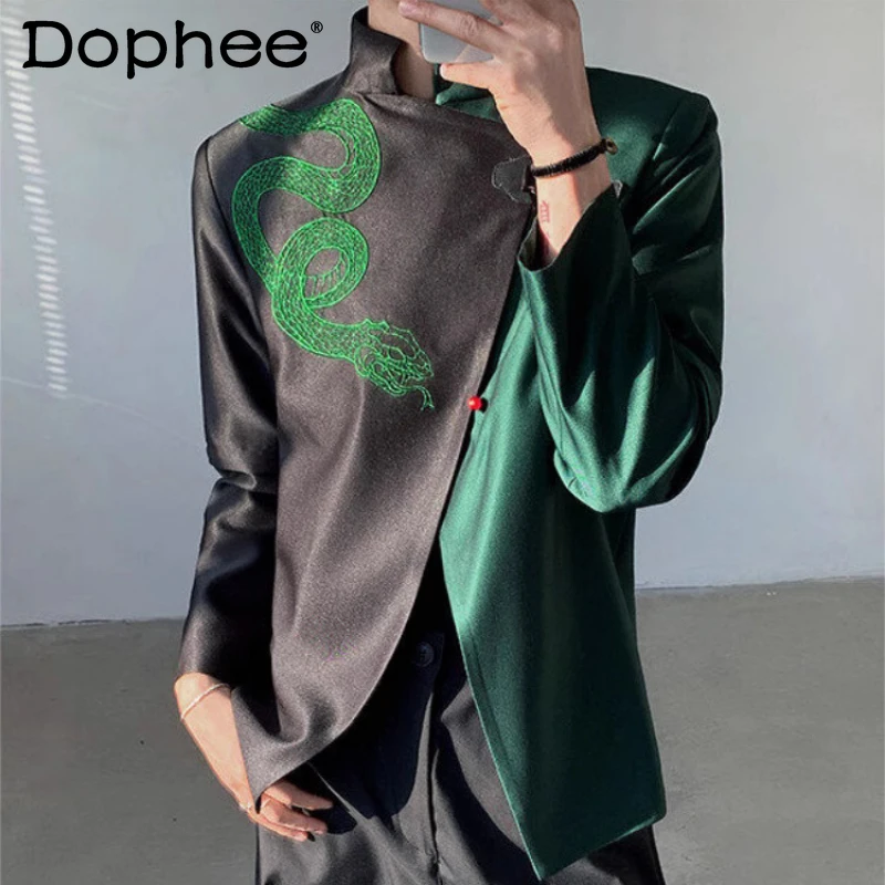 

Мужской костюм со змеиной вышивкой, весна-осень 2024, новый атласный контрастный цвет, куртка, дизайн, модный костюм с воротником-стойкой