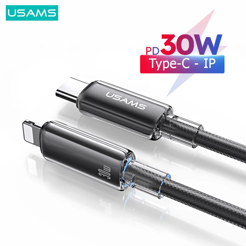 USAMS 30W Type-C to Lightning PD Fast Charging Transparent Data Cable Nylon Braided with Lightin for 1Phone iPd 14 13 12 Pro Max