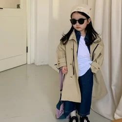 Trench Girls Windbreaker Korea Autumn Children Clothing Coat Korean Middle Length Overcoat Turn Collar Pocket Button