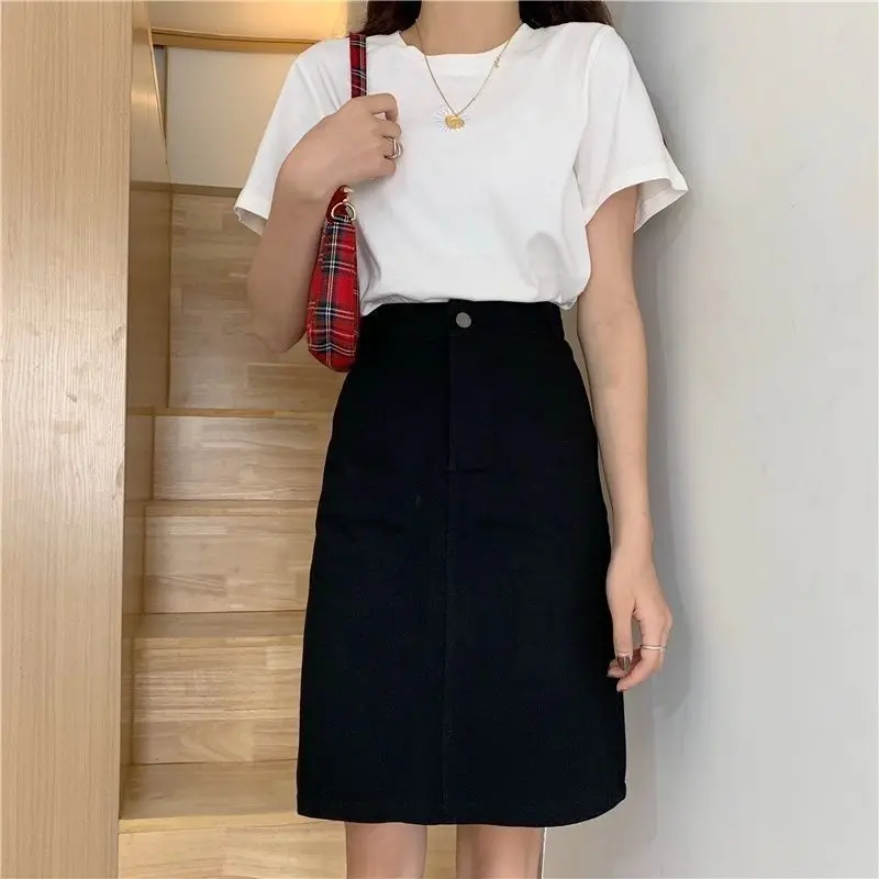 Black denim skirts new female 2023 han edition fat mm high waist knee-length skirts in bust the a-line skirt