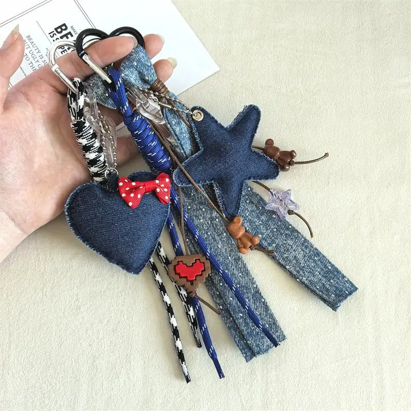 Kreativer Denim-Schlüsselanhänger mit fünfzackigem Stern, gewebt, trendiger und cooler herzförmiger Taschenanhänger im InS-Stil