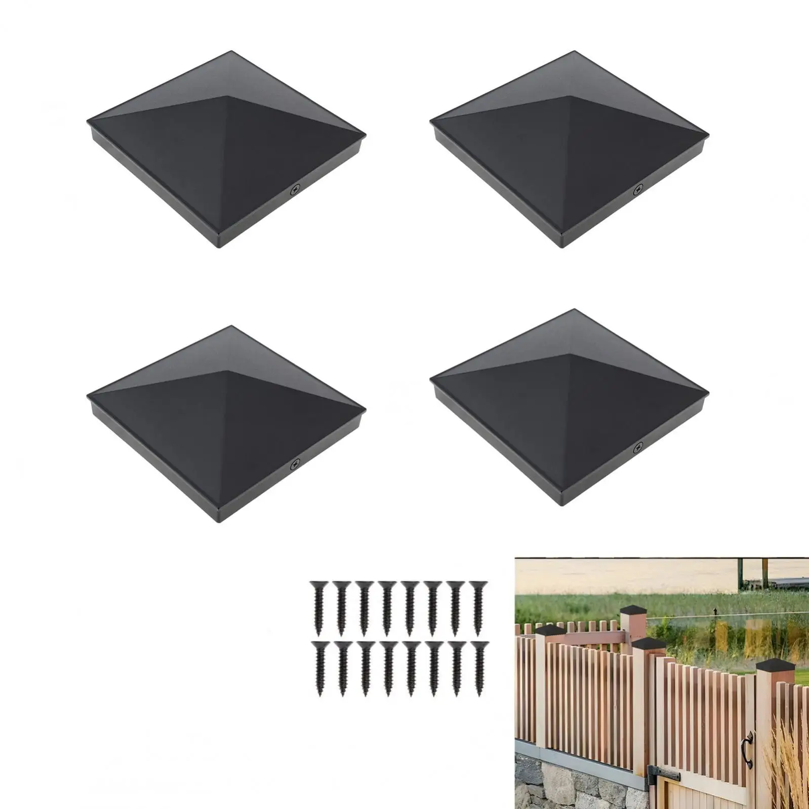 4 pcs  3.5x3.5 / 5.5x5.5 inch Matte Finish Powder Coated Surface Aluminum Post Caps for 4X4 / 6X6 Nominal Wood Posts with Screw