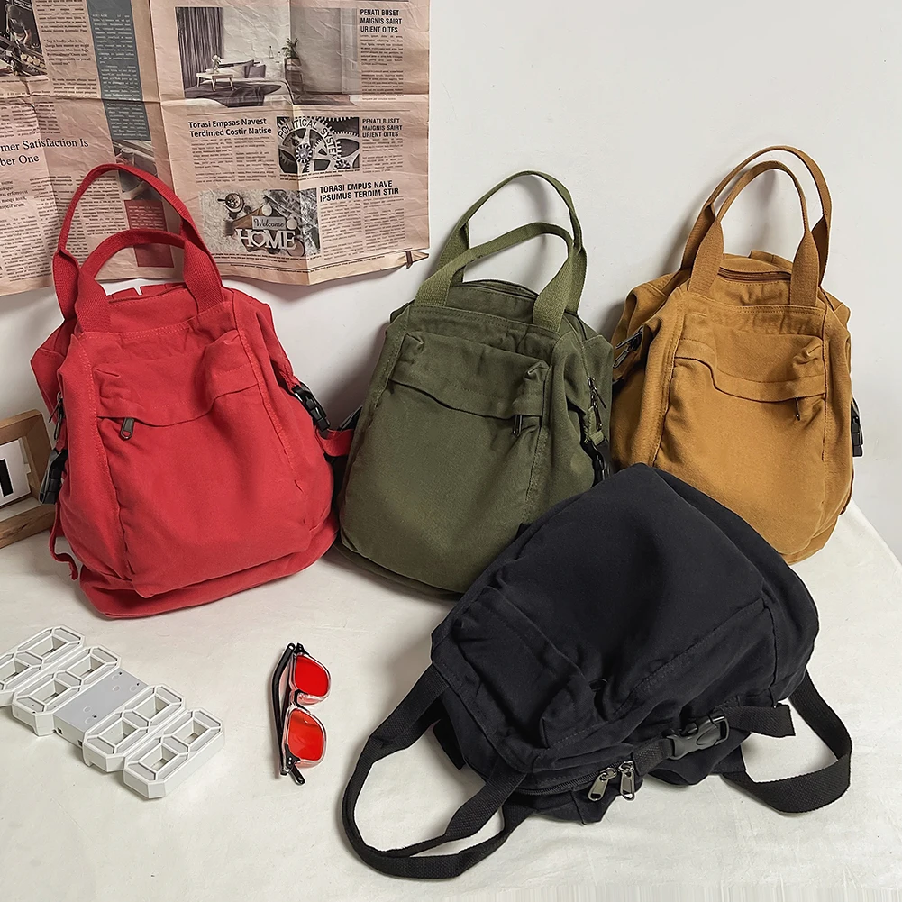 Vintage Canvas Bookbag 2024 Women Solid Color Schoolbag Large Capacity Simple Knapsack Casual College Backpack Students Rucksack