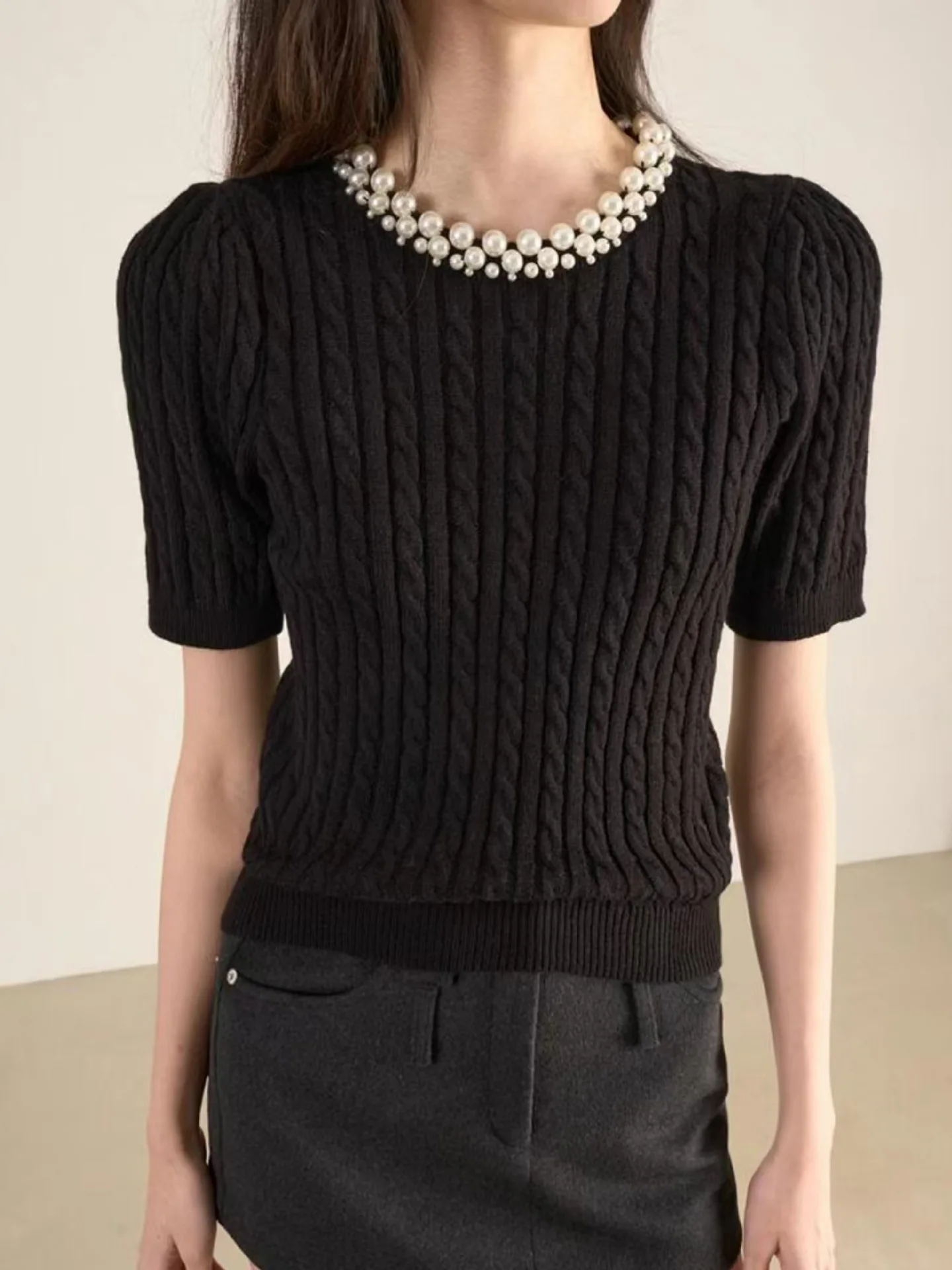 

Summer Two-color Optional Women's Short Sleeve Nail Bead Decoration Round Neck Knitted Sweater