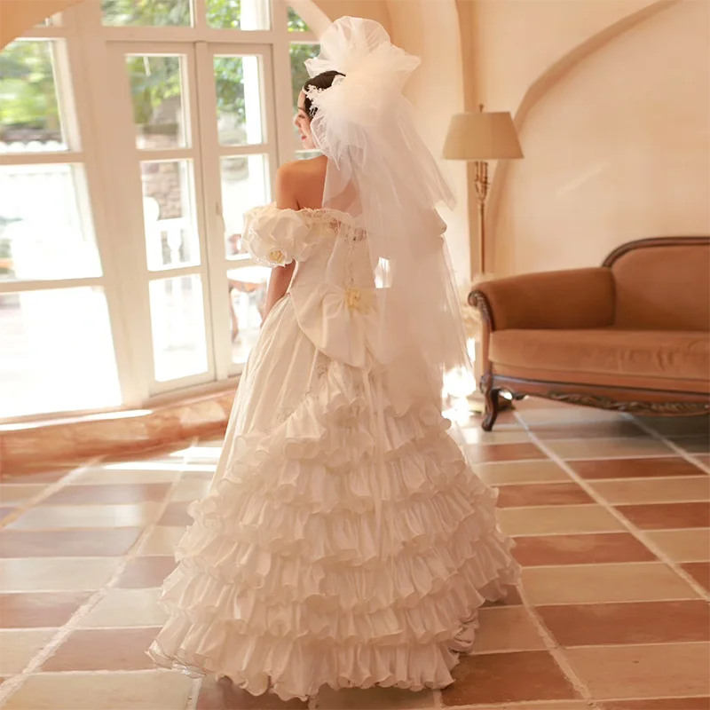 AnXin SH luxury host qxquisite Retro Palace white Satin ruffles boat neck beading beads lace up party customized wedding dress