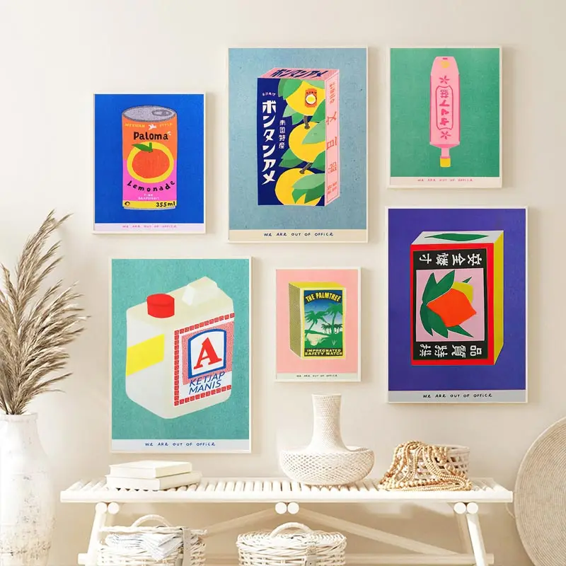 Japanese Pink Cherry Blossom Ink Canned Sardine Tomato Wall Art Painting Nordic Poster Packaged Print Picture Kitchen Home Decor