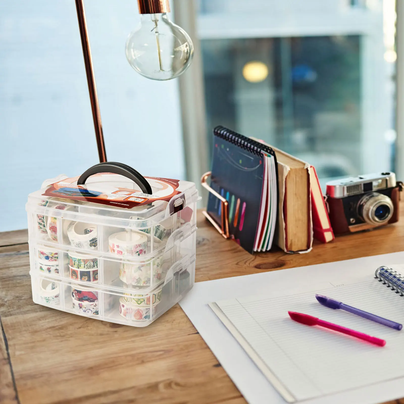 Caja de almacenamiento de tres capas transparente para organizador de cinta Washi, contenedor de caja de almacenamiento de suministros para manualidades de papel