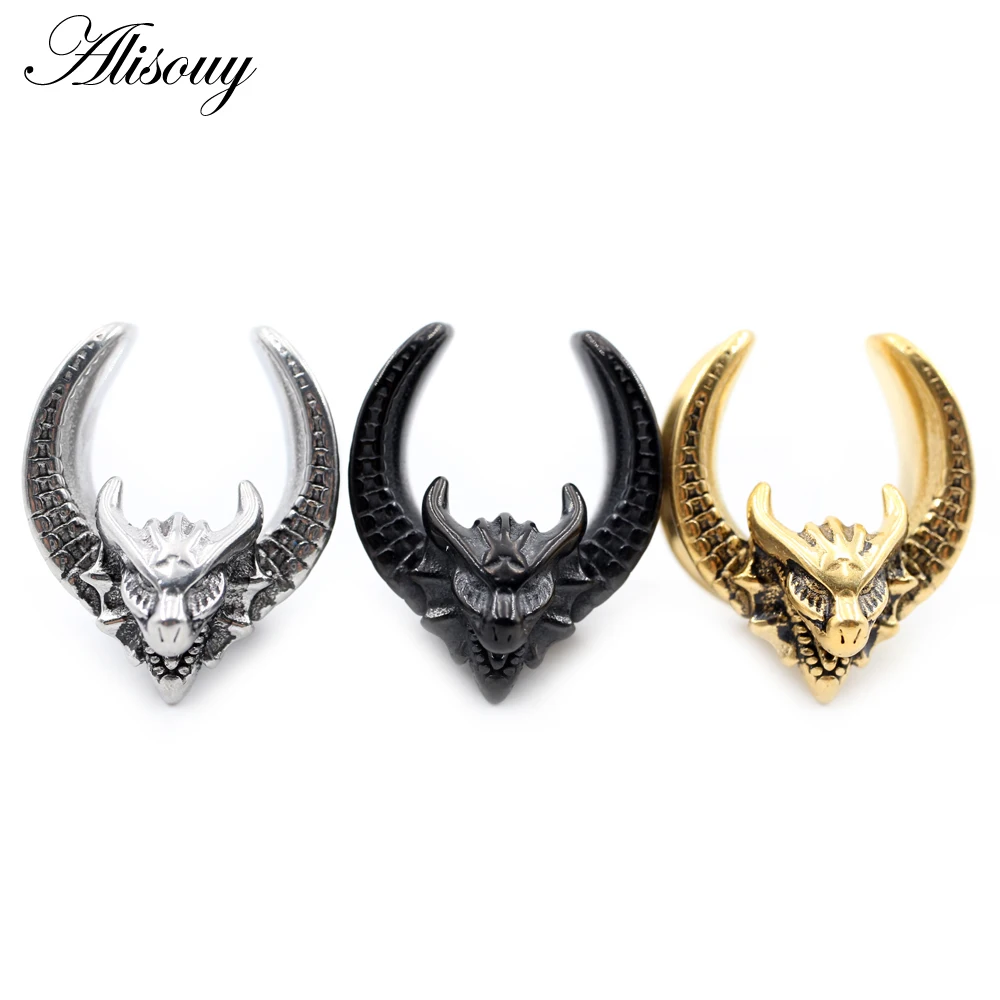 Alisouy 1PC Stainless Steel V-shaped Dragon Head Saddle Ear Tunnel Plug Expander Stretcher Gauges Earrings Piercing Body Jewelry