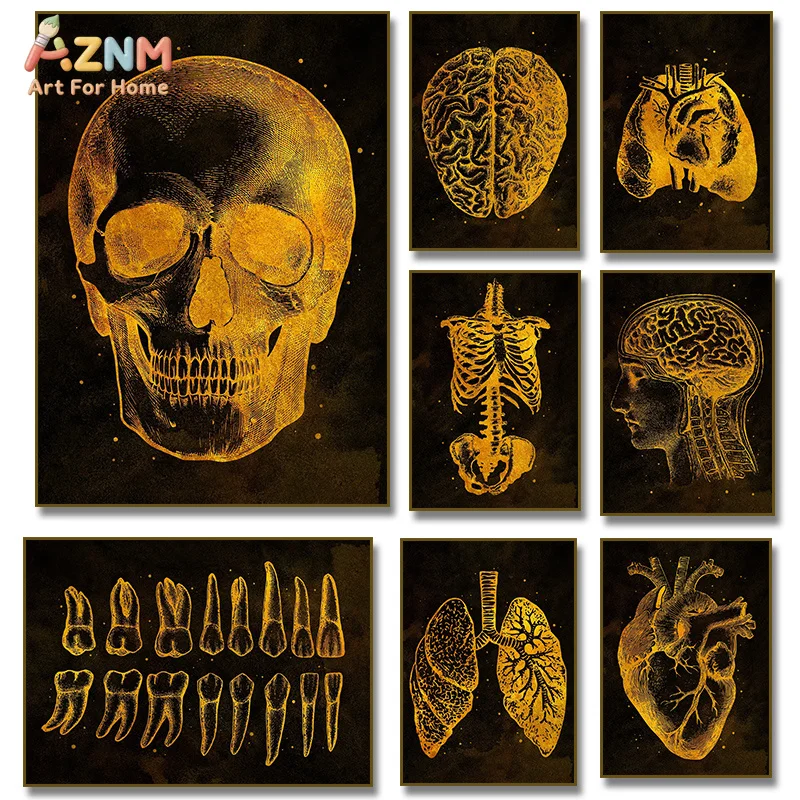AZNM Golden Human Anatomy Canvas Print Skull Brain Heart Lung Teeth Skeleton Vintage Medical Black Background Wall Poster Unfram