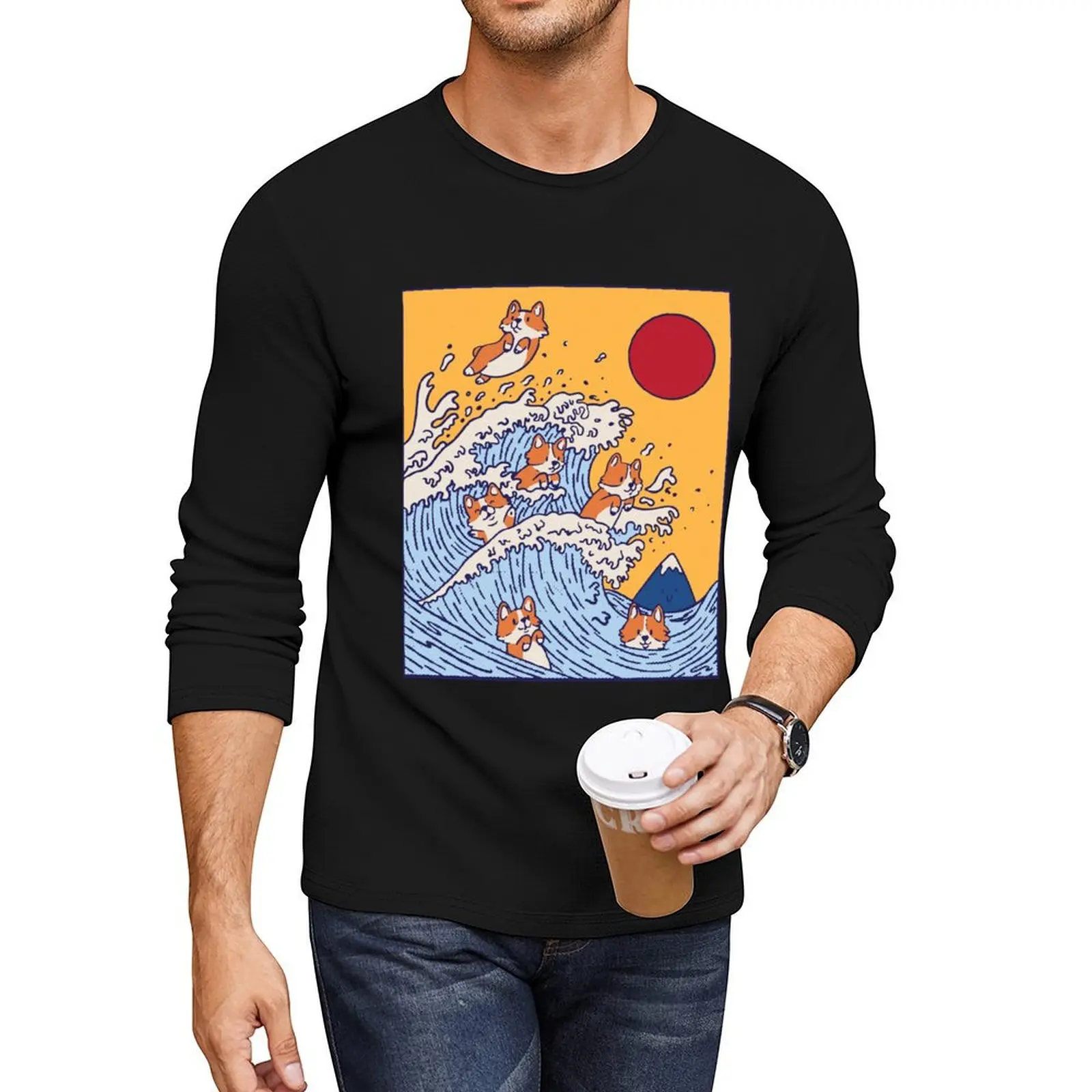 

The great wave of Corgis - Cute Corgi Puppies Long T-Shirt vintage clothes Tee shirt Men's t shirts