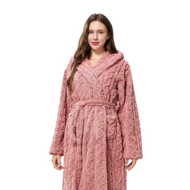 Thicken Coral Fleece Hooded Long Robe Couple Sleepwear Winter Warm Plush Flannel Bathrobe Nightgown Loose Homewear Loungewear