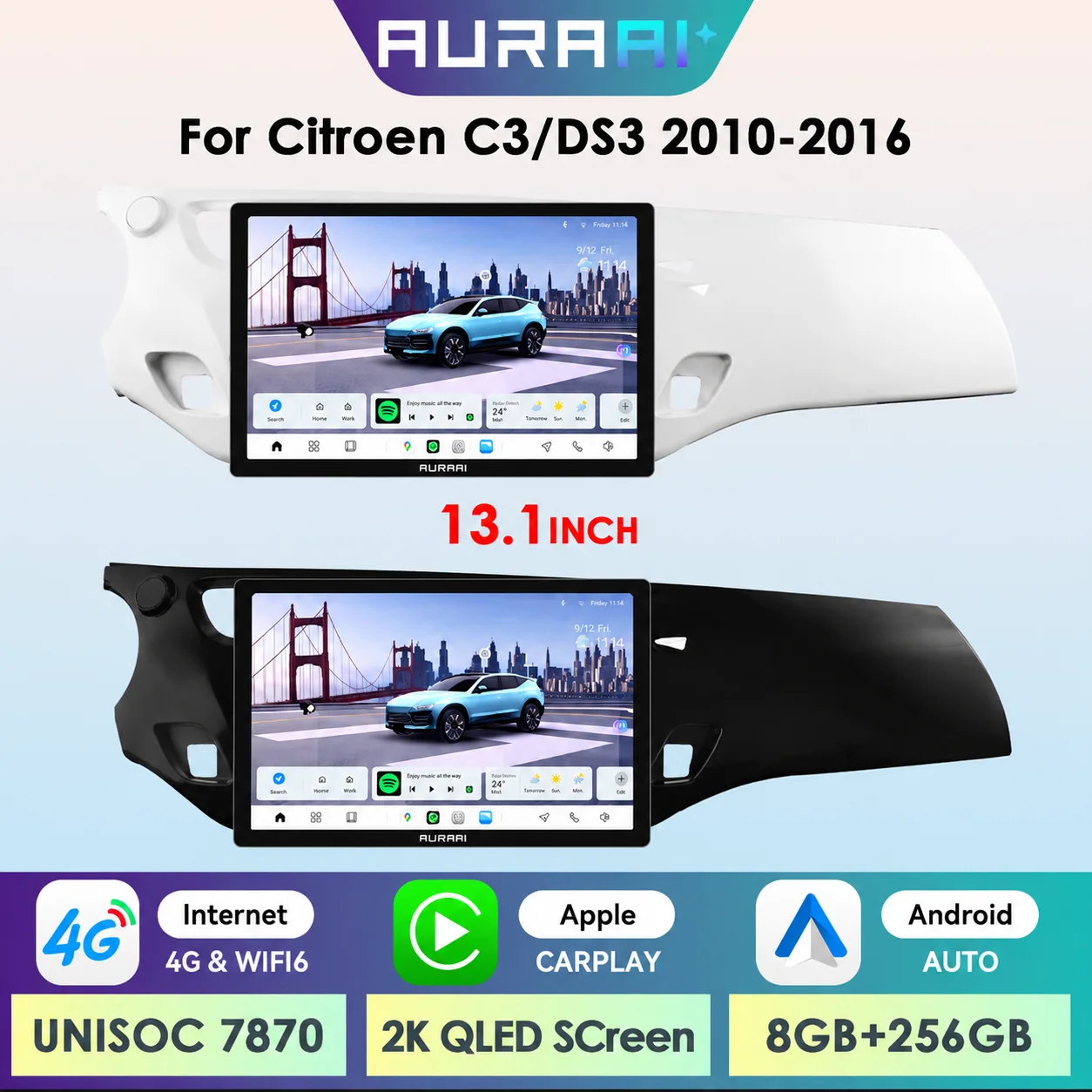 AURAIAI X100 Écran Intelligent Android pour Voiture Citroën DS3 2010 - 2016 UIS7870 4G Bluetooth WiFi Double Microphone Navigation GPS Écran QLED 2K SWC