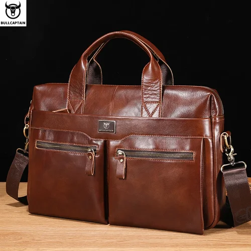 BULLCAPTAIN-maletín de hombro de cuero genuino para hombre, bolso de mano de 14 pulgadas para ordenador portátil, maletín Simple de moda para oficina y negocios