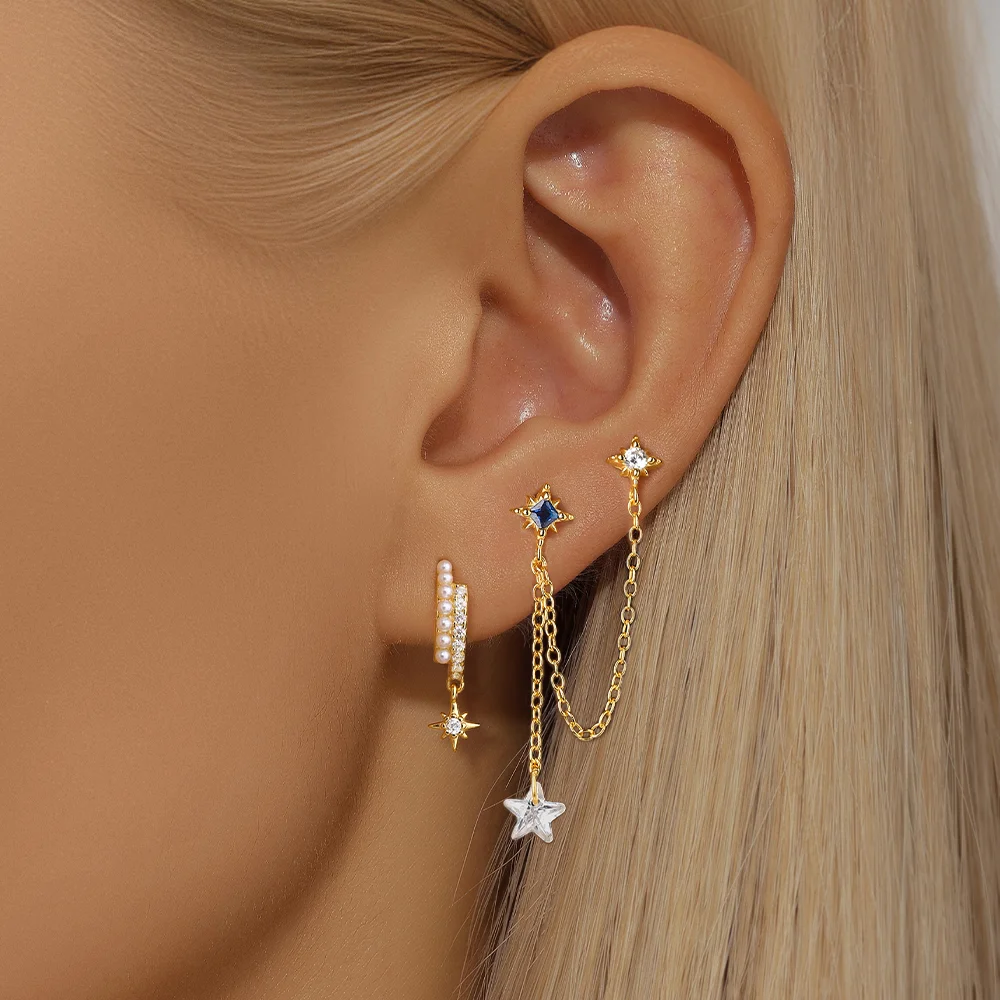 LENNIK 925 Silver Golden AB style/single-sided fashionable star and moon/square pentagram zircon double wearing Women earrings