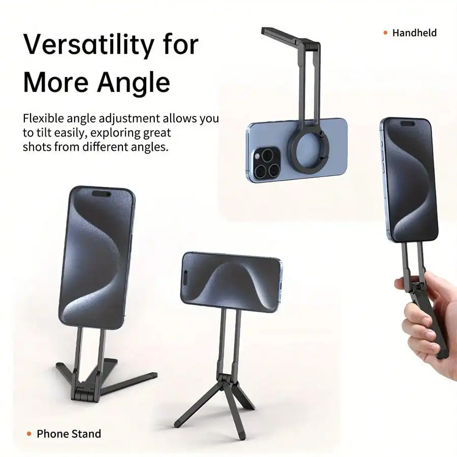 Alloy Metal Magnetic Phone Holder Tripod 360° Rotatable Foldable Car Desk Mount MagSafe Compatible With IPhone Android Navigation Live Stream Travel Mother's Day Gift view 3
