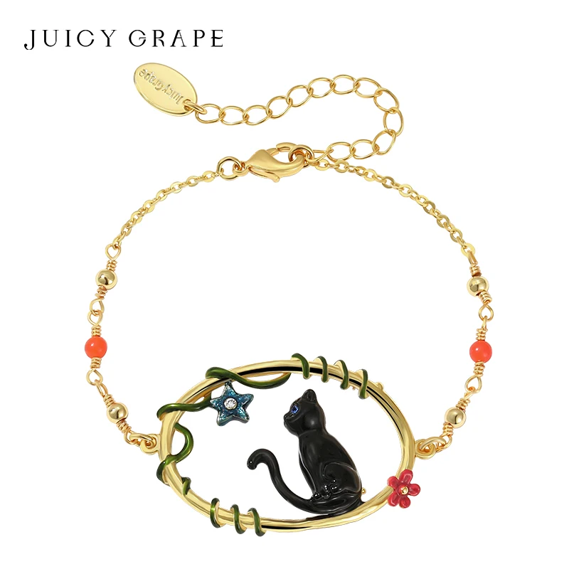 

JUICY GRAPE Black Cat Charm Bracelet For Women 18K Gold Plated Hand Painted Enamel Party and Birthday Gift New Fashion Jewelry