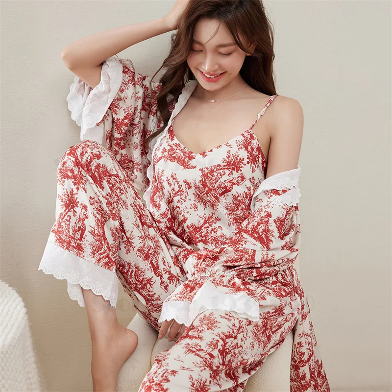 Elegant French Print Flower Sleepwear Trouser Suit Spring Summer Women Robe Pajamas Three Piece Set Lounge Wear Casual Home Wear