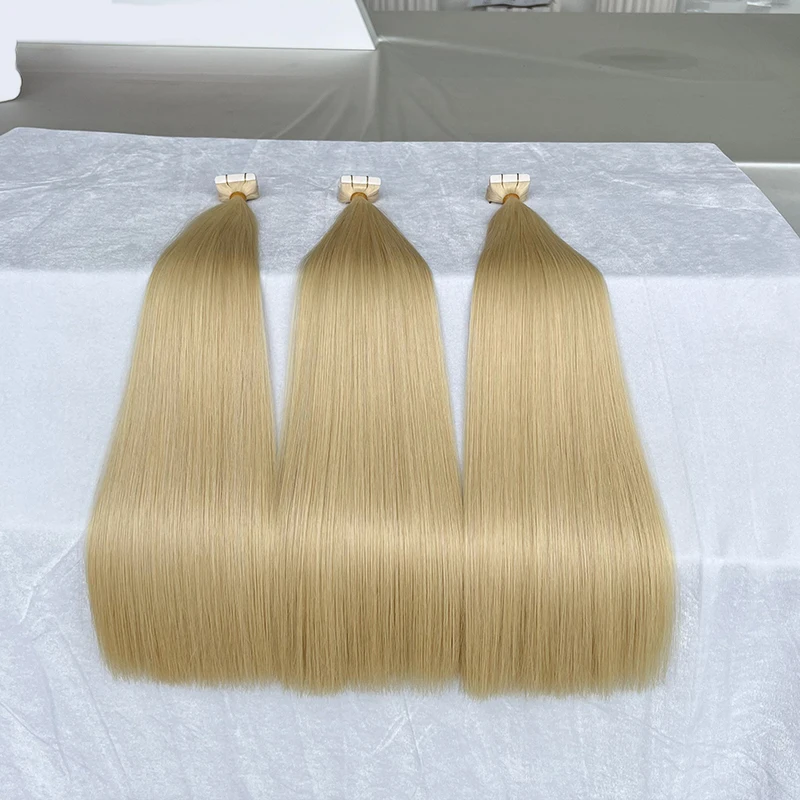 Double Drawn Straight Tape in Hair Extensions 12A Raw Hair Blonde Color #613 Straight 100% Human Hair Extensions 100g/40pcs