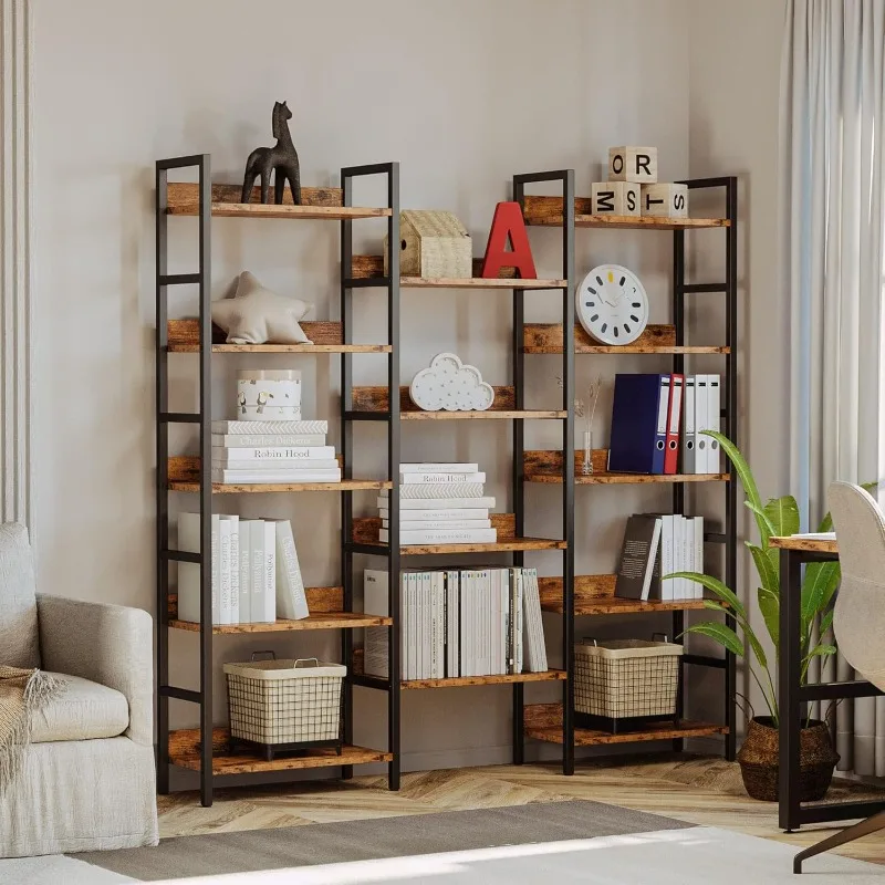 Bookcases and Bookshelves Triple Wide 5 Tiers Industrial Bookshelf with Baffles Large Etagere Bookshelf with Metal Frame for