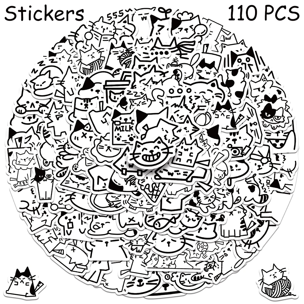 110 stücke Cartoon Nette Skizzen Kätzchen Aufkleber Aufkleber Für Telefon Sammelalbum Skateboard Gitarre Helm DIY Graffiti Ästhetische Aufkleber – Detail 7