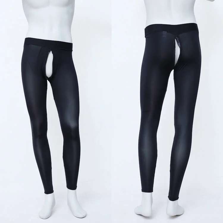 Invisible Zipper Open Crotch Ultra-thin Leggings Mens See Through Sexy Ice Silk Transparent Tight Pants Underwear