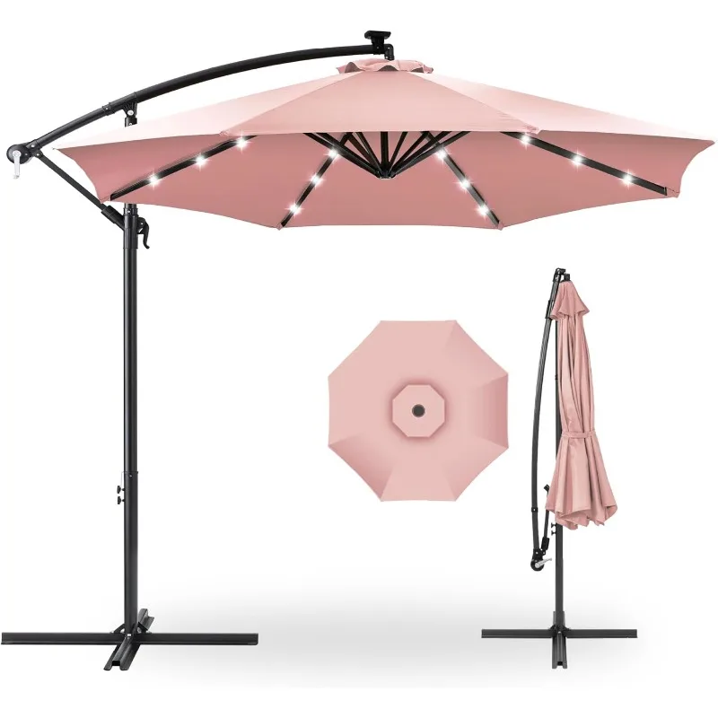 10ft Solar LED Offset Hanging Market Patio Umbrella for Backyard, Poolside, Lawn and Garden w/Easy Tilt Adjustment