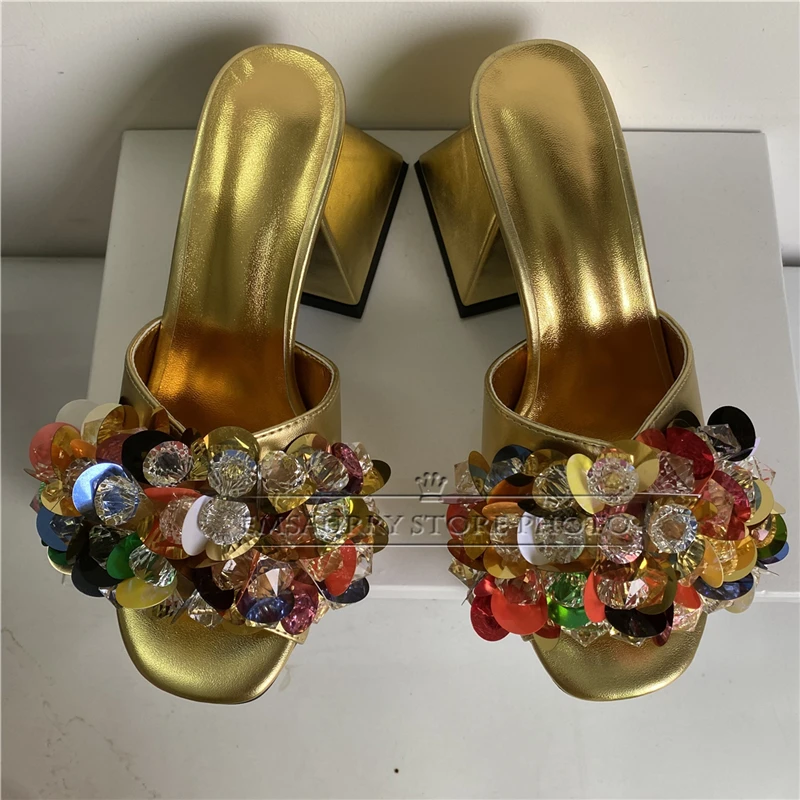 Colorful Bling Sequins Beads Sandals Women Unique Strange Heel Diamond Rhinestone Slingbacks Summer Mules For Girls