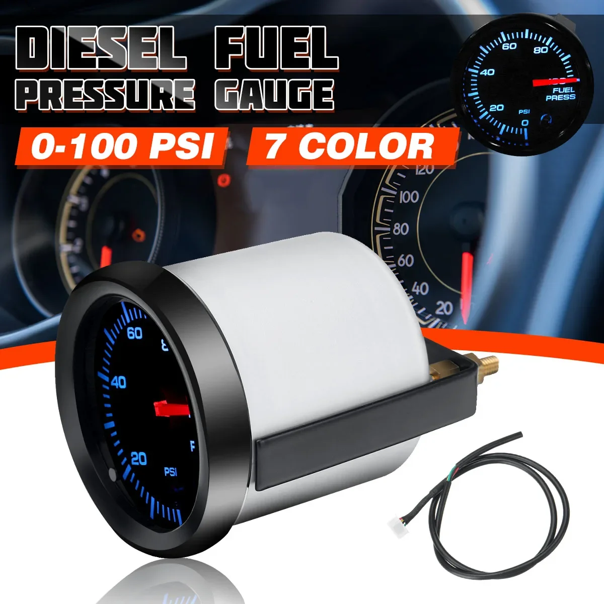 12V 2'' 52mm Auto Diesel Fuel Pressure Gauge with Pressure Sender 0-100 PSI 7 LED Display Color Black Faced Universal Car Meter