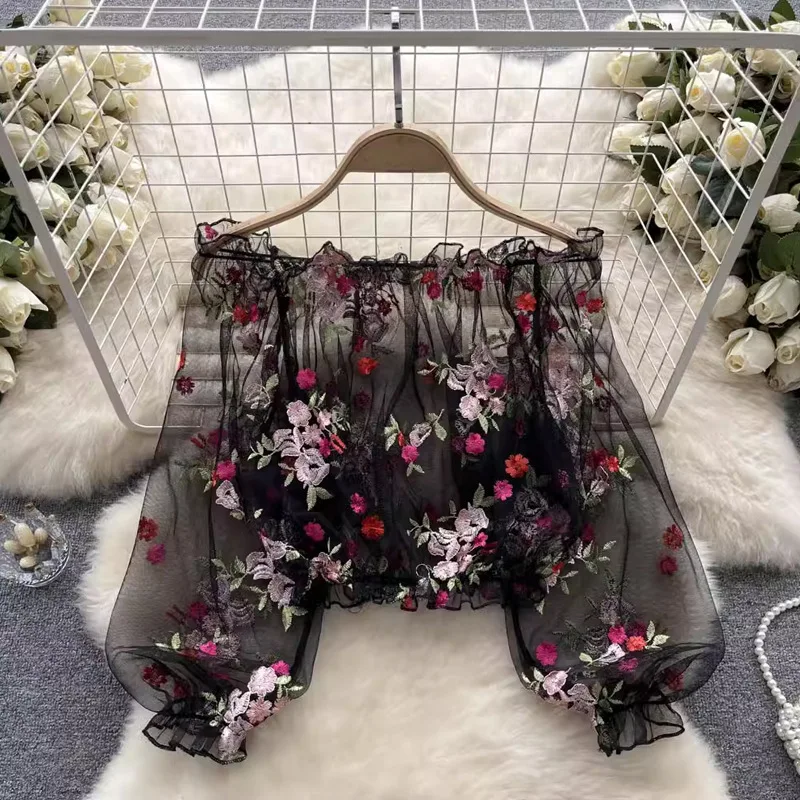 Women's Long Sleeve Floral Embroidery Mesh Crop Top Ruffle Hem Soft Comfortable Versatile Trendy Casual Commute Daily Wear Tops
