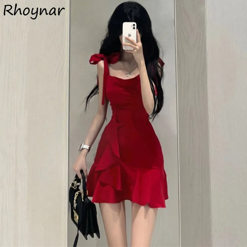 

Solid Sleeveless Dresses Women Summer Spaghetti Strap Lace-up Sexy Hotsweet A-line American Style Square Collar Stylish Cozy