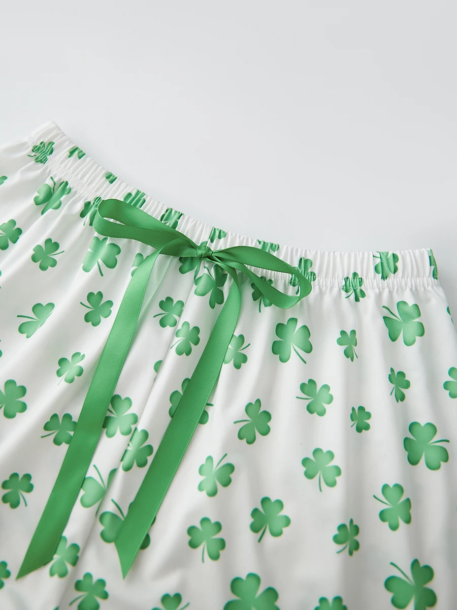 

Women s St Patrick s Day Pajama Set Green Clover Print Short Sleeve Button Down Top with Ruffle Hem Shorts Sleepwear