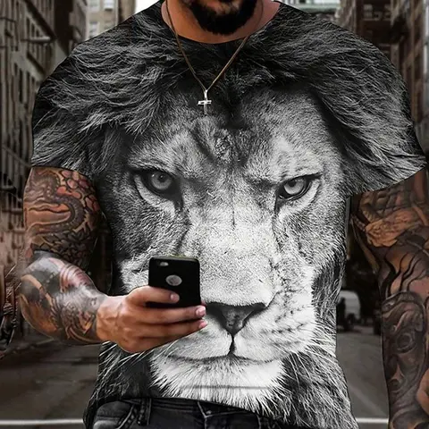 Men's summer street versatile T-shirt 3D printed retro lion new loose quick drying casual breathable short sleeved top