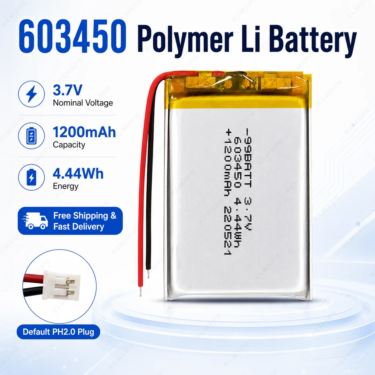 1200mAh 603450 LiPo Rechargeable Battery 3.7V PH2.0 2Pin Connector Fit GPS DVD E-book Audio Speaker